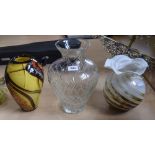 Three Assorted Glass Vases. Including Two Coloured Glass and One Clear Bulbous Shaped Glass Vase.