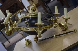 Modern Heavy Cast Brass Ceiling Light, Six Branch With Cast Swan Terminals,