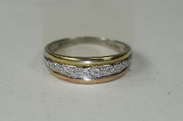 Ladies 9ct Two Tone Gold Channel Set Diamond Ring. Marked 9ct, Ring Size ' P '.
