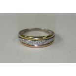 Ladies 9ct Two Tone Gold Channel Set Diamond Ring. Marked 9ct, Ring Size ' P '.