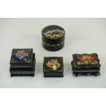 Russian Vintage Signed And Hand Painted Lacquered Boxes, 4 In Total. Various Shapes, Sizes And