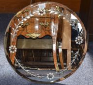 1950's Circular Wall Mirror Etched Floral Decoration,