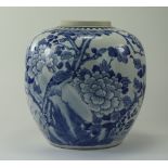 Chinese 18th Century Kangxi Blue and White Ginger Jar, Decorated with Images of Peonies and Birds,