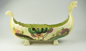 Clarice Cliff Hand Painted Elongated Bowl, In The Form of a Viking Long Boat, ' Aurea ' Design. c.