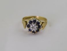 18ct Gold Set Sapphire and Diamond Cluster Ring, Flower head Setting. Fully Hallmarked.