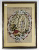 Framed Religious Sampler Named And Dated C Duthoit 1873 Lourdes Depicting Madonna In Floral Border,