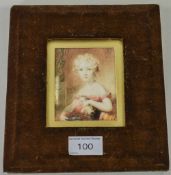 A Hand Painted on an Ivory Panel Small Child with Dog. 3.1/2 x 4.1/4 Inches.