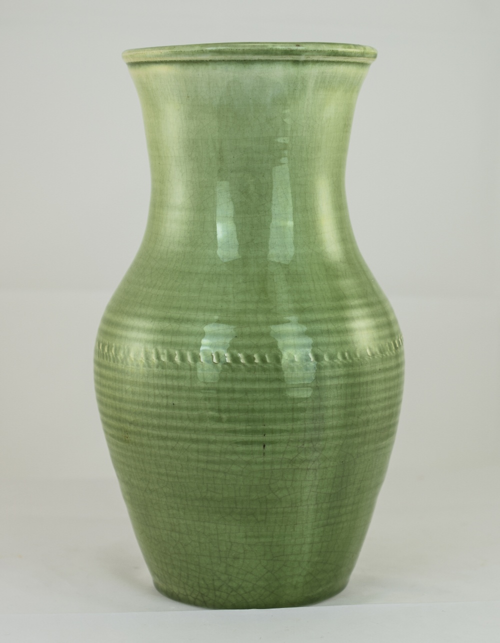 William Moorcroft Natural Pottery Lustre Vase with Green Monochrome Glaze and Showing The