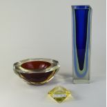 3 Pieces Of Murano Sommerso Style Glass, Comprising A Tall Blue Green Vase,