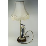 Decorative Italian Figural Table Lamp, With A Cream Fringed Shade And Figure On A Wooden Base. Label