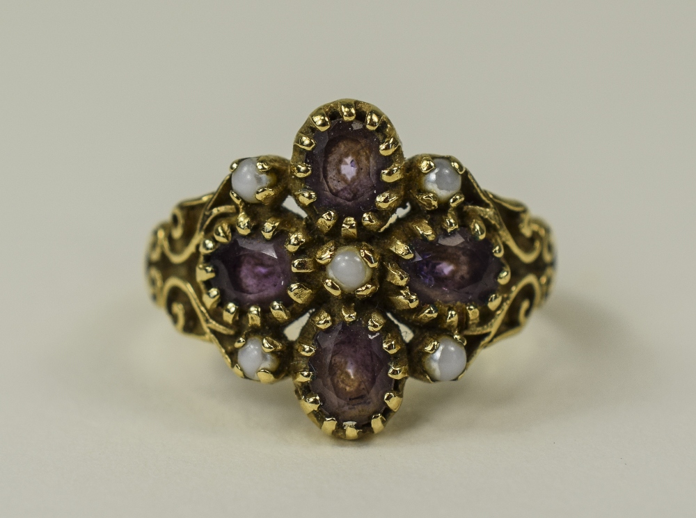 Antique 9ct Gold Set Amethyst and Pearl Ring, with Filigree Shoulders. Fully Hallmarked.