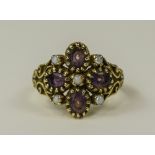 Antique 9ct Gold Set Amethyst and Pearl Ring, with Filigree Shoulders. Fully Hallmarked.