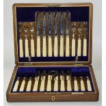 Boxed Set Of 24 Silver Plated Fruit Knives And Forks Of Plain Form With Ivory Handles,