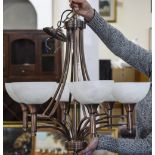 Pair Of Antique Coppered 6 Branch Ceiling Lights All With Matching Marble Shades,