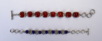 A Fine Quality Couple of Cabuchon Cut Red and Blue Stone Set Silver Bracelets, In The 1920's