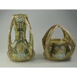 Gouda Amphora Style Art Pottery 4 Handled Basket Vase, Art Nouveau Floral Design, Impressed And