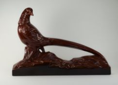 Flambe Glazed Art Deco Style Figure of a Pheasant, with integral rectangular base; 18.