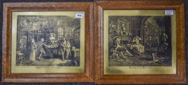 2 Maple Framed Engravings, Marriage A La Mode Plate II & Plate III, Hogarth, Engraved By Baron