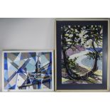 Two Geoff Biggs ''Stained Glass'' Art Pictures. One Depicting a Windmill and the Other an abstract