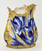 Doulton Late 19th Century Blue Iris Pattern Unusual Shaped Vase on a Gold Ground. 9.5 Inches High.