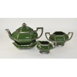 Green With Silver Lustre Tea Pot And Stand With Cream And Sugar