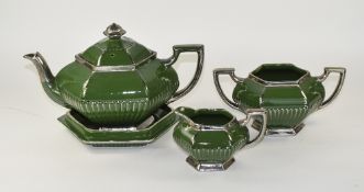 Green With Silver Lustre Tea Pot And Stand With Cream And Sugar