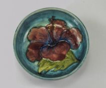 Moorcroft Small Footed Bowl ' Hibiscus ' Design on Bluey Ground.