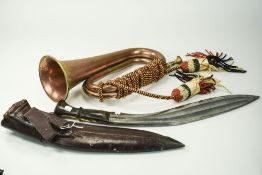 WWII Khukuri Gurkha Knife And Scabbard Together with A Brass And Copper Bugle