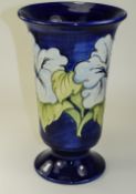 Moorcroft Tube lined Large Trumpet Shaped Vase ' Blue Hibiscus ' on Cobalt Blue Ground. c.1960's.