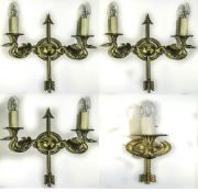 Set Of Four Modern Heavy Cast Brass Wall Lights, Two Twin Branch With Cast Swan Terminals,