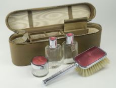 Ladies Art Deco Chromed and Enamel Style ( 5 ) Piece Travel Dressing Table Set, In Leatherette Case.
