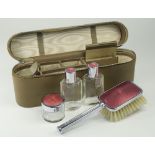 Ladies Art Deco Chromed and Enamel Style ( 5 ) Piece Travel Dressing Table Set, In Leatherette Case.