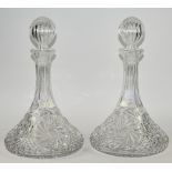 Pair Of Cut Glass Ships Decanters Both Stoppers And Necks With Frosted Seal,