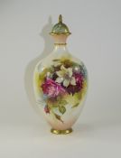 Royal Worcester Hand Painted and Signed Lidded Ovoid Shaped Vase ' Roses ' Stillife. Signed W.