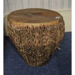 African Animal Skin Drum of Typical Form, With Decorative Leather Work to Its Sides. 16 Inches High,