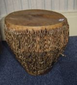 African Animal Skin Drum of Typical Form, With Decorative Leather Work to Its Sides. 16 Inches High,