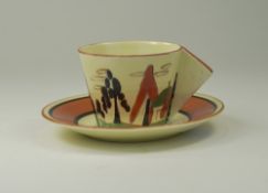 Clarice Cliff Hand Painted Conical Shaped Cup and Saucer ' Cottage and Trees ' Design. c.1930's.