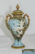 Royal Worcester Charles Baldwyn Hand Painted Twin Handle Lidded Vase ' Swans In Flight ' Signed
