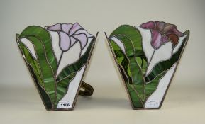 Two Leaded Tiffany Style Glass Wall Lights, Floral Design, 11 x 10 Inches.