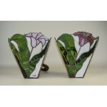 Two Leaded Tiffany Style Glass Wall Lights, Floral Design, 11 x 10 Inches.