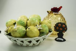 Spanish Pottery Weave Basket, Containing Pottery Lemons And Flowers.