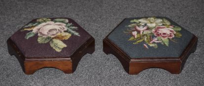 Two Hexagonal Footstools Both With Floral Tapestry Cushioned Tops