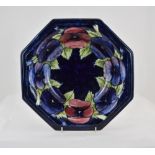 William Moorcroft Large Octagonal Shaped Bowl, with ' Pansy ' Design on Blue Ground. c.1920 -