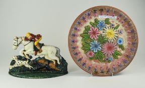 Cast Iron Painted Door Stop In The Form Of A Horse And Rider With Dogs,