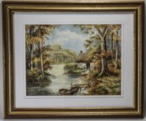 Francis E Jamieson 19th Century Artist. Titled ' Riverside Cottage ' Watercolour. Signed, Mounted