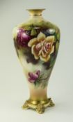 Royal Worcester - Signed and Hand Painted Tall Tapered Vase ' Roses ' Stillife.