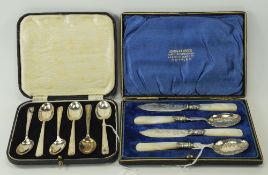 Set Of 4 Silver Plated And Mother Of Pearl Handled Preserve Knives And Spoons In Silk Lined Fitted