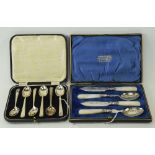 Set Of 4 Silver Plated And Mother Of Pearl Handled Preserve Knives And Spoons In Silk Lined Fitted