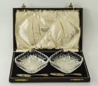 Pair Of Cut Glass Caviar Dishes With Silver Knives, Fully Hallmarked For Birmingham P 1939,