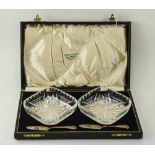 Pair Of Cut Glass Caviar Dishes With Silver Knives, Fully Hallmarked For Birmingham P 1939,